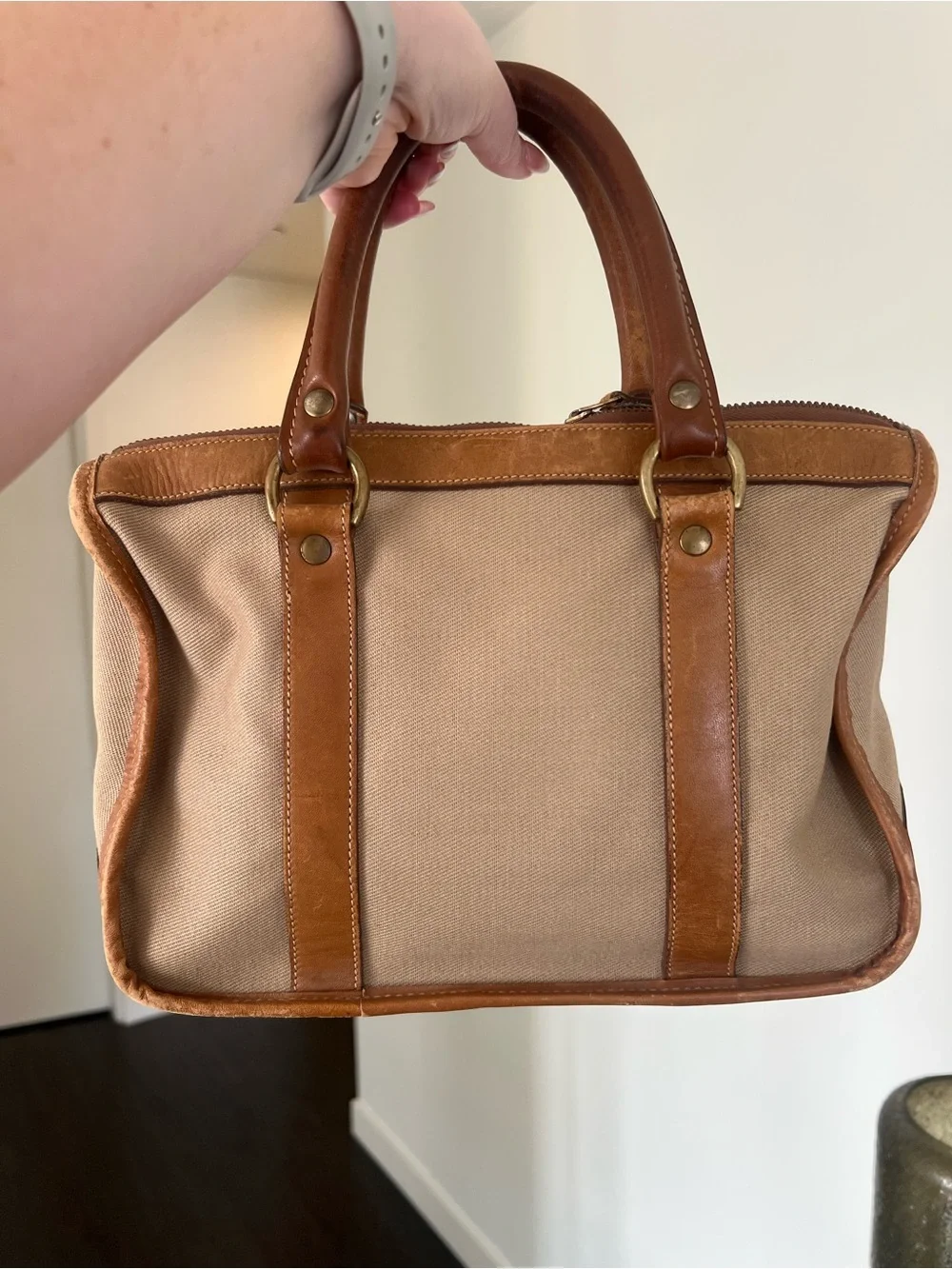 Ghurka Tan Canvas with Brown Leather Trim Satchel